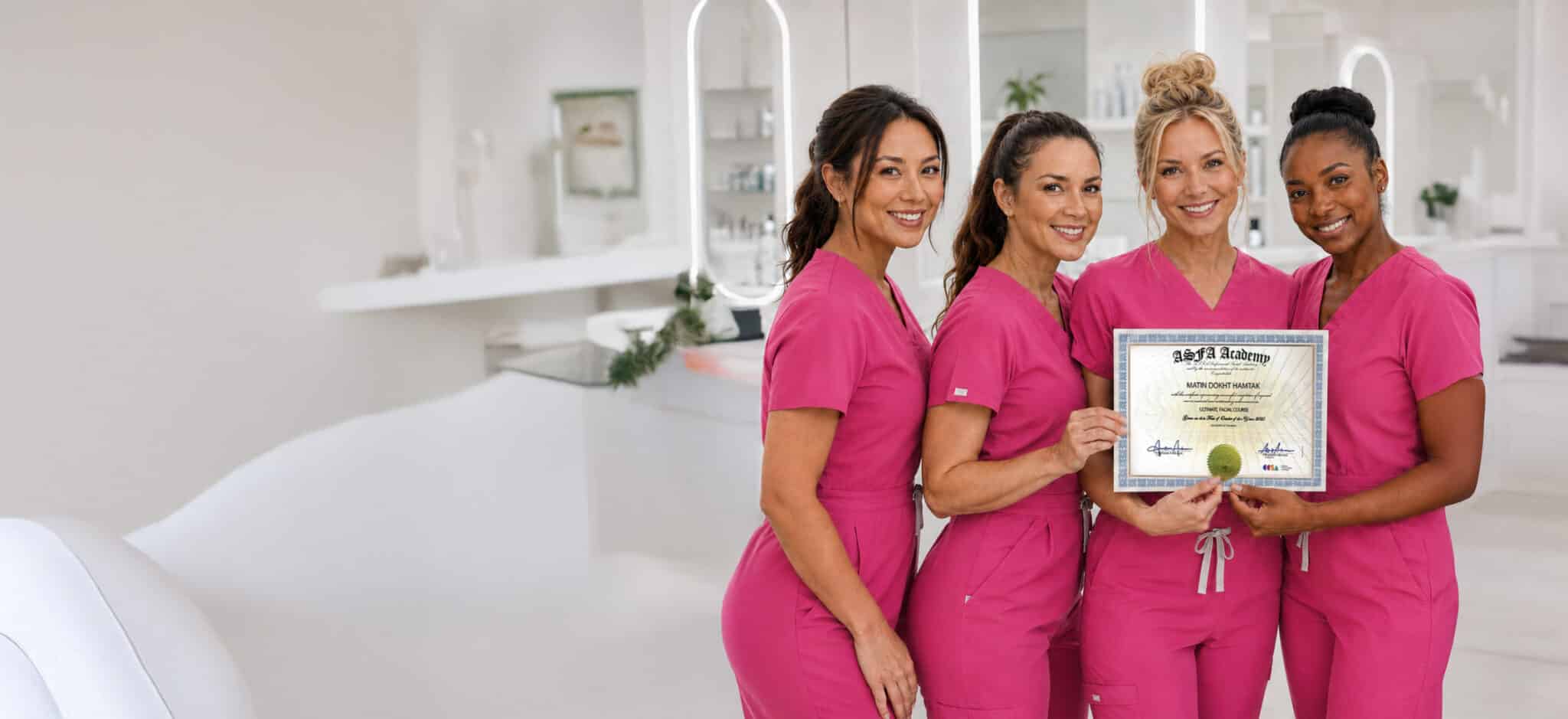 Four ASFA Facial Academy graduates in pink uniforms holding a facial training certificate in a skincare clinic