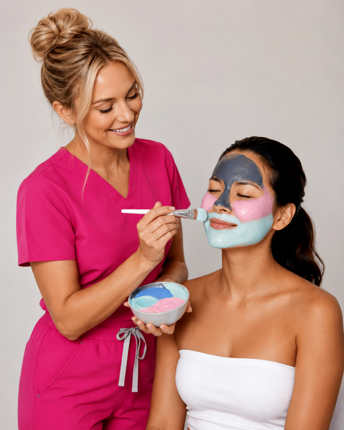Esthetician performing a facial treatment on a model